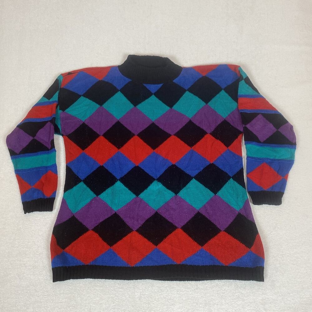 Vintage 90s Made in USA Color Block Argyle Diamond Mock Neck Knit Sweater